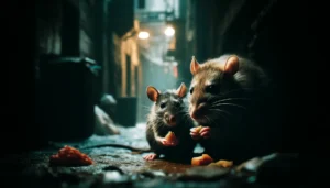 DALL·E 2024-04-18 12.26.35 – A tense scene in an urban environment depicting two rats close together in a dark alley. One rat holds a morsel of food in its mouth, while the other